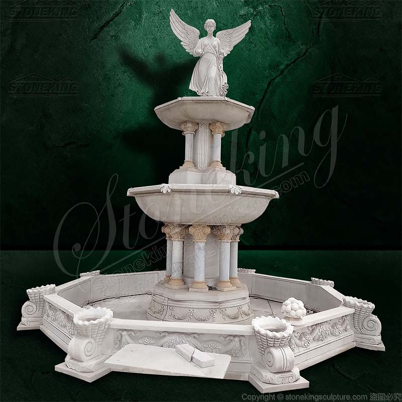 Marble Outdoor Garden Angel Water Feature Fountain with carved pillars for yard decor 