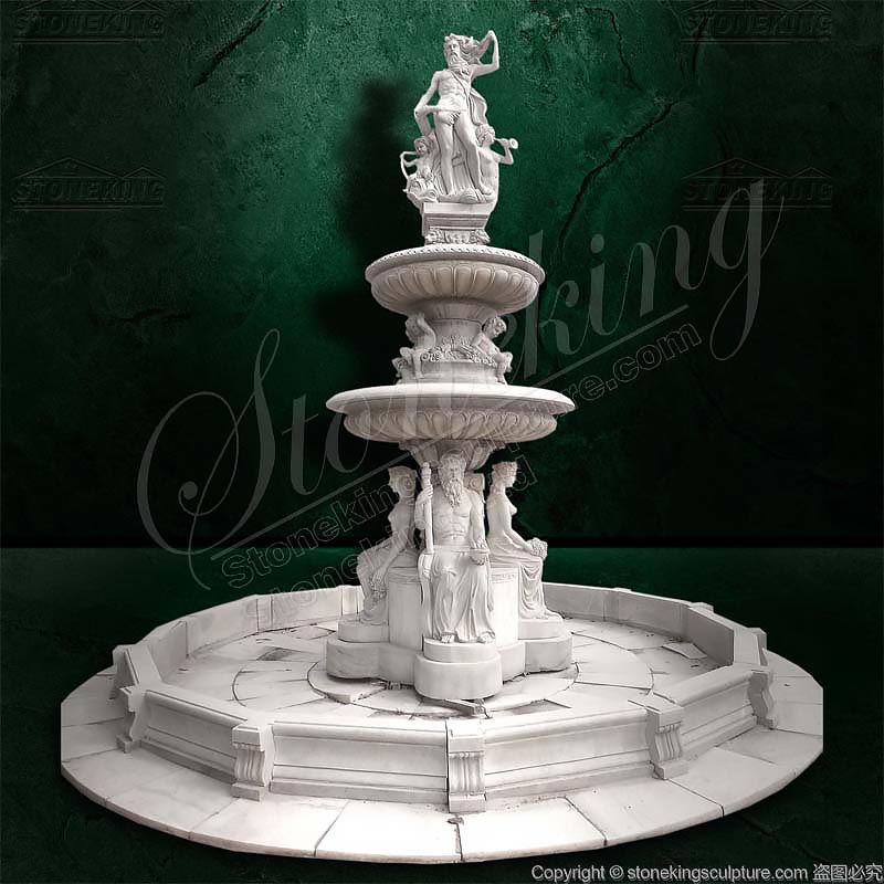 Large Outdoor White Marble Neptune water fountain with carved children and statues for sale 