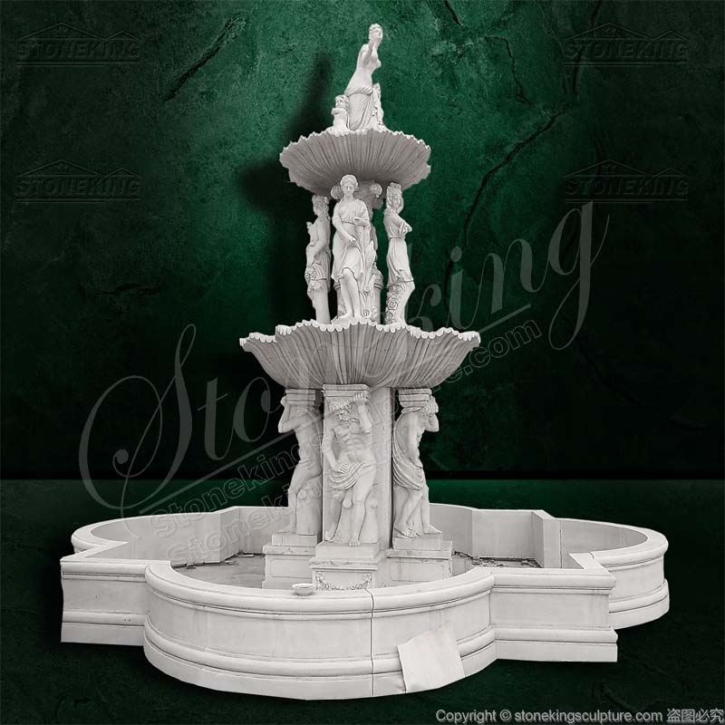 Large Outdoor Natural White Marble Water Fountain with statues for beach resort landscaping for sale