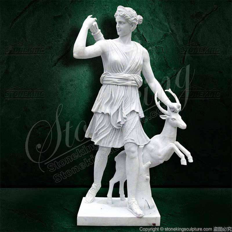 Factory Sales Greek Goddess Marble Artemis Statue Hunting with a deer for outdoor gardens