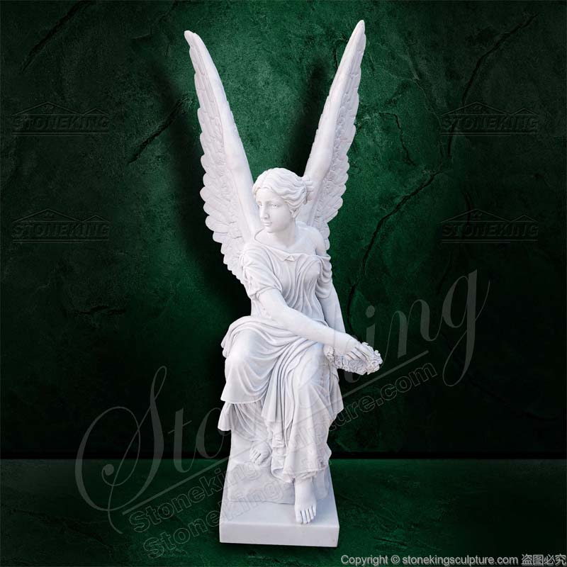 Marble Memorial Garden Angel Statue holding Wreath for outdoor home decor or cemetery or graves 