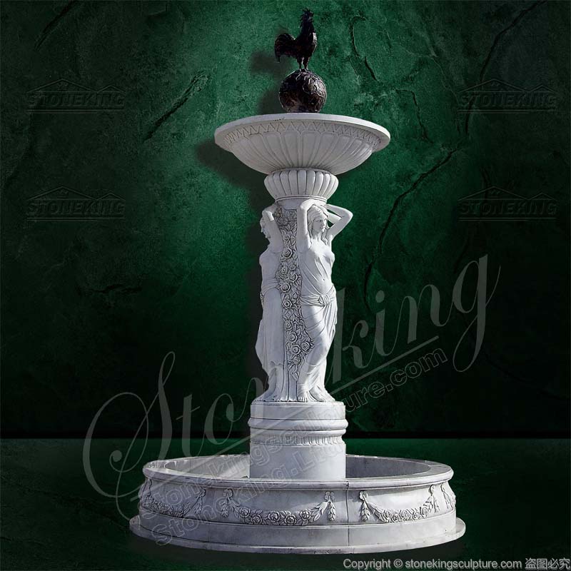 Outdoor Courtyard White Marble Water Fountain with woman statues for sale 