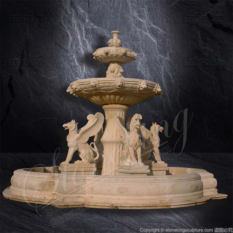 Best Outdoor Egyptian Beige Marble Water Fountain with Griffins and Lion heads Manufacturer 