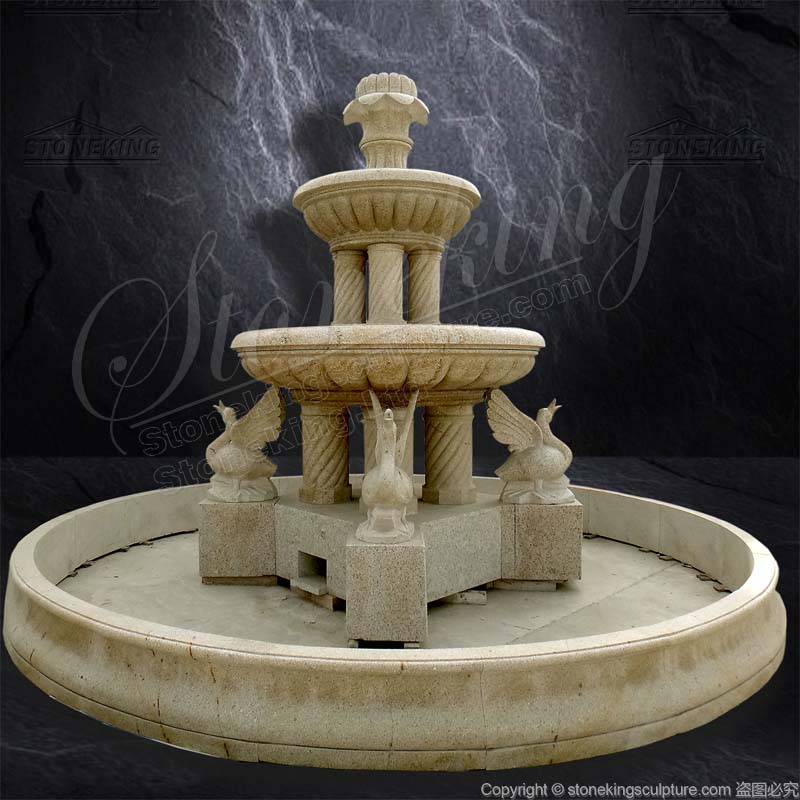 Outdoor Large Yellow Granite Water Fountain with Swans Garden Ornaments factory supply