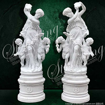 Marble Bacchante Statue with Two Children in Pair-Stoneking Sculpture