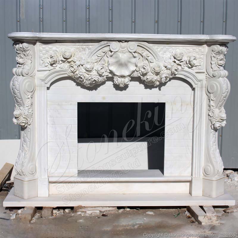 Top Selling Hand Carved French Marble Fireplace Surround Designs with Rose Garlands for Living room 