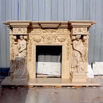 Luxurious Egyptian Beige Marble Fireplace Mantel Shelf with Grecian Woman Statues for sale