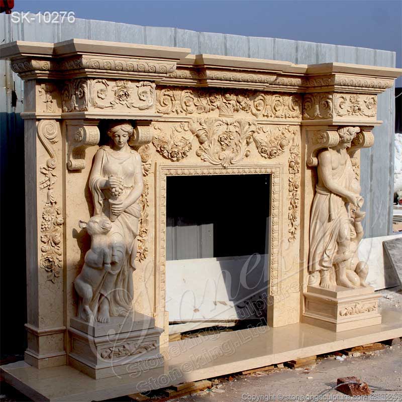 Luxurious Egyptian Beige Marble Fireplace Mantel Shelf with Grecian Woman Statues for sale