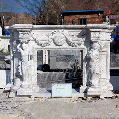Custom Volokas White Marble Fireplace Mantel Ideas with Caryatid for Interior decoration of factory supply 