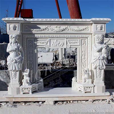 China Supplier Hand Carved Natural White Marble Fireplace Mantel with Greek Statues and Cherubs 
