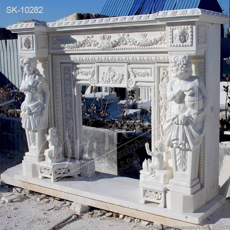 China Supplier Hand Carved Natural White Marble Fireplace Mantel with Greek Statues and Cherubs 