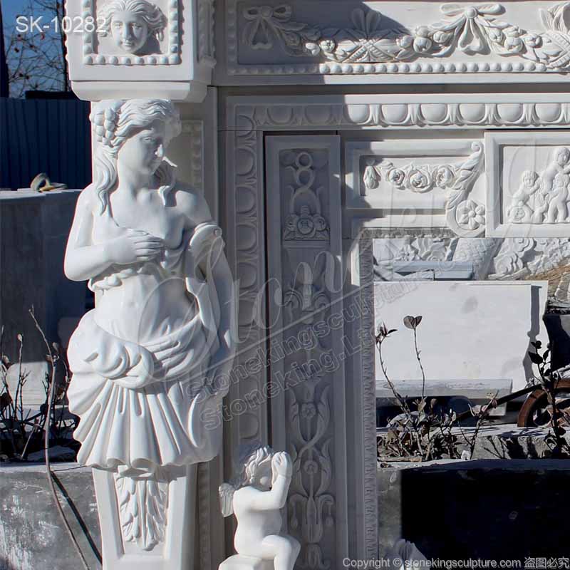 China Supplier Hand Carved Natural White Marble Fireplace Mantel with Greek Statues and Cherubs 