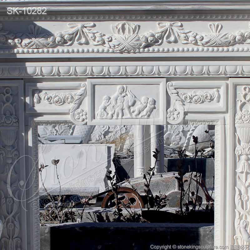 China Supplier Hand Carved Natural White Marble Fireplace Mantel with Greek Statues and Cherubs 