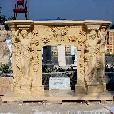 Factory Price Natural Egyptian Beige Marble Majestic Fireplace Mantel Surround with Woman sculptures