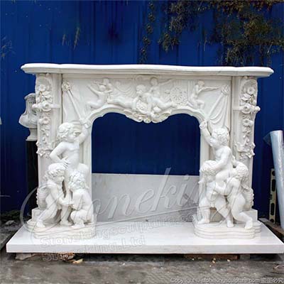 Manufacturer Hand Carved Majestic White Marble Custom Fireplace Mantel Shelf with Cherubs