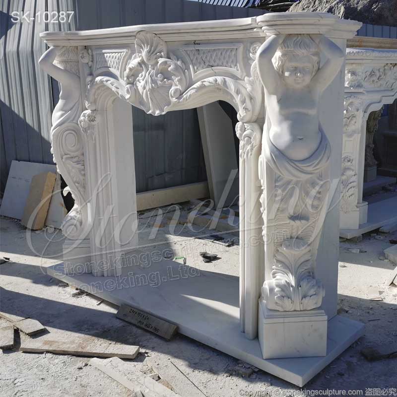 Natural White Marble European Style Antique Fireplace Mantel Surround for Interior Ornament for sale