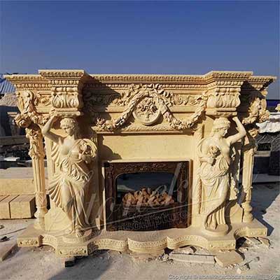  Beautiful Egyptian Beige Marble Luxury Fireplace Mantel Designs with Female Statues and Garland for sale 