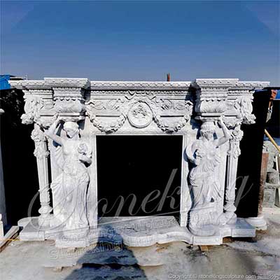 Top Selling Handcrafted Marble Classic Fireplace Surround Designs with Grecian Sculptures and columns