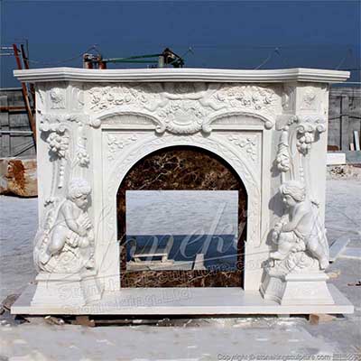 Factory Supplier Hand Carved Natural White Marble European Style Home Fireplace with Cherubim for sale 