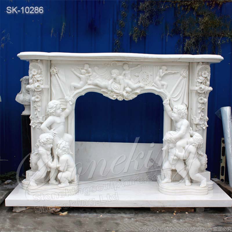 Manufacturer Hand Carved Majestic White Marble Custom Fireplace Mantel Shelf with Cherubs