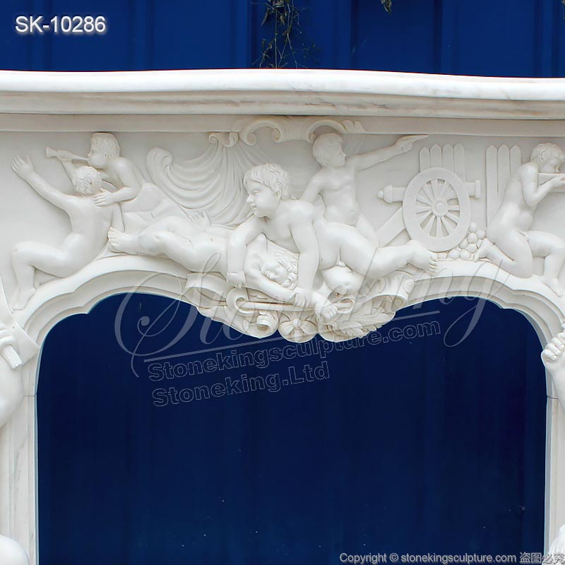 Manufacturer Hand Carved Majestic White Marble Custom Fireplace Mantel Shelf with Cherubs