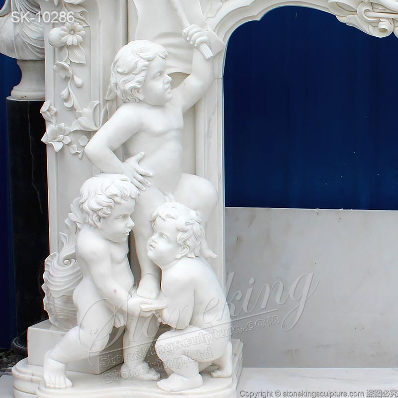 Manufacturer Hand Carved Majestic White Marble Custom Fireplace Mantel Shelf with Cherubs