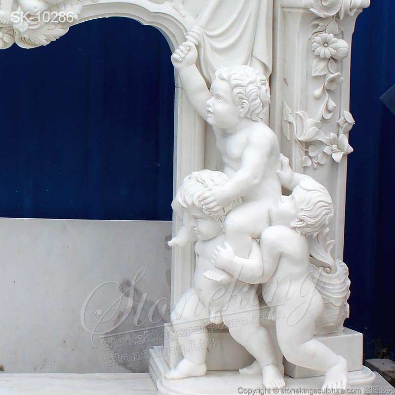 Manufacturer Hand Carved Majestic White Marble Custom Fireplace Mantel Shelf with Cherubs