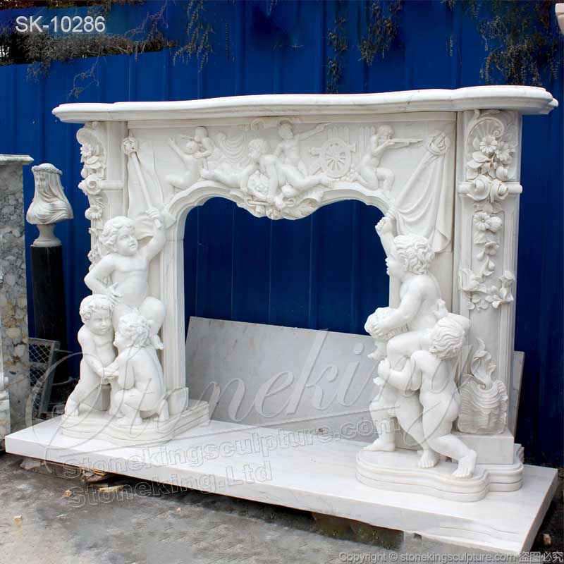 Manufacturer Hand Carved Majestic White Marble Custom Fireplace Mantel Shelf with Cherubs