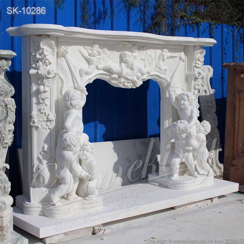 Manufacturer Hand Carved Majestic White Marble Custom Fireplace Mantel Shelf with Cherubs