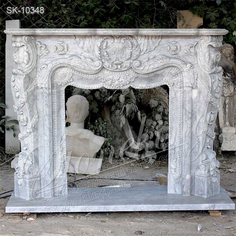 Manufacturer French Style Natural Marble Antique Fireplace Surround with Acanthus and floral motif for sale 