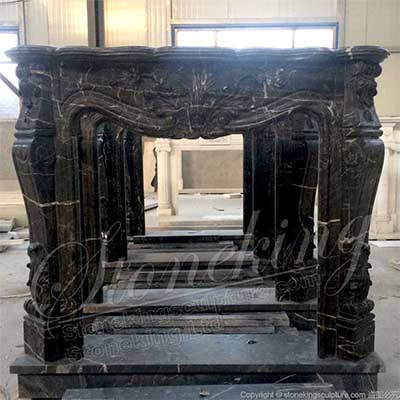 Hand Carved Classic Nero Marquina Black Marble Fireplace Surround Ideas for living room decor for sale 