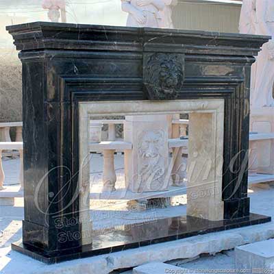 Factory Supply Modern Bolection Nero Marquina Marble Black Fireplace Surround with Lion Head for sale 
