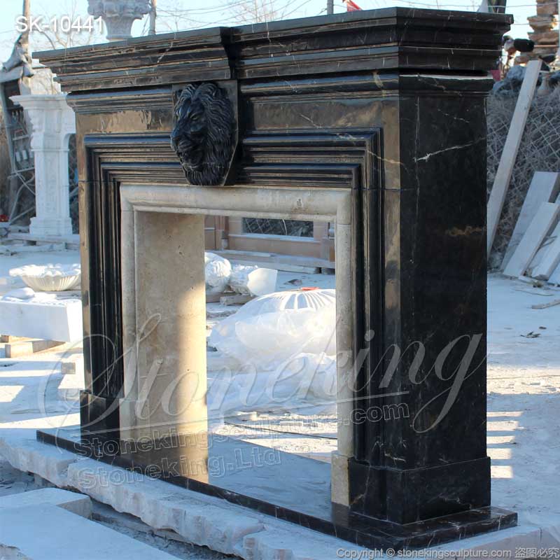 Factory Supply Modern Bolection Nero Marquina Marble Black Fireplace Surround with Lion Head for sale 