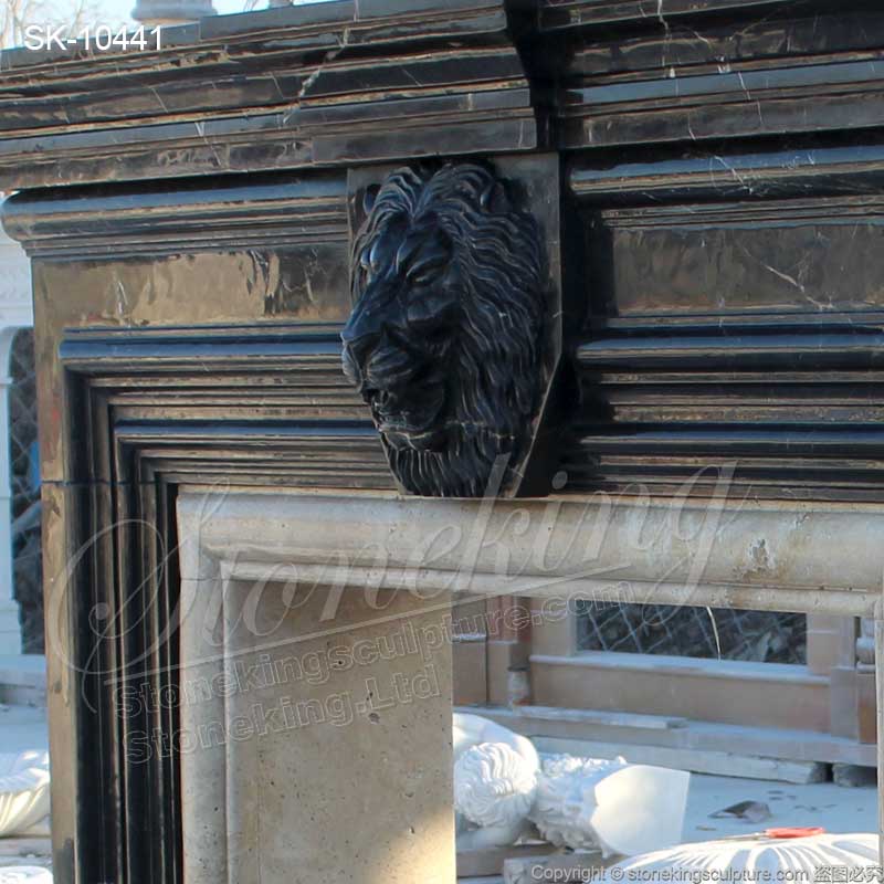 Factory Supply Modern Bolection Nero Marquina Marble Black Fireplace Surround with Lion Head for sale 