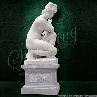 Famous Life Size White Marble Nude Crouching Venus Statue or Crouching Aphrodite Statue for sale 