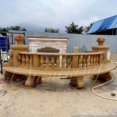 Outdoor Extra Long Natural Yellow Marble Semi Circle Bench with lion heads and balusters for sale 