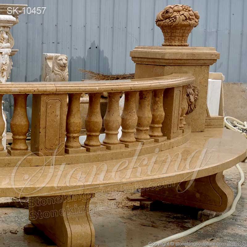 Outdoor Extra Long Natural Yellow Marble Semi Circle Bench with lion heads and balusters for sale 