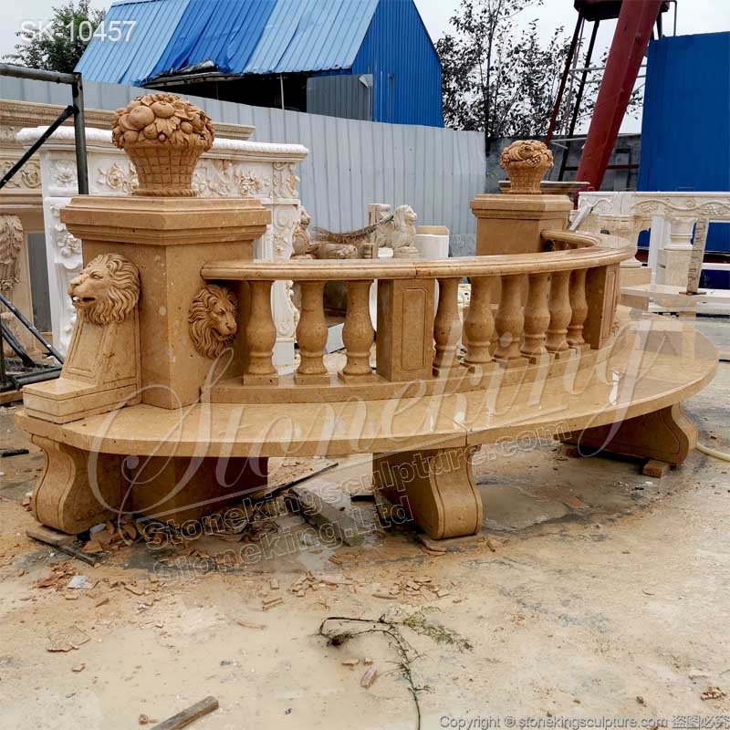 Outdoor Extra Long Natural Yellow Marble Semi Circle Bench with lion heads and balusters for sale 