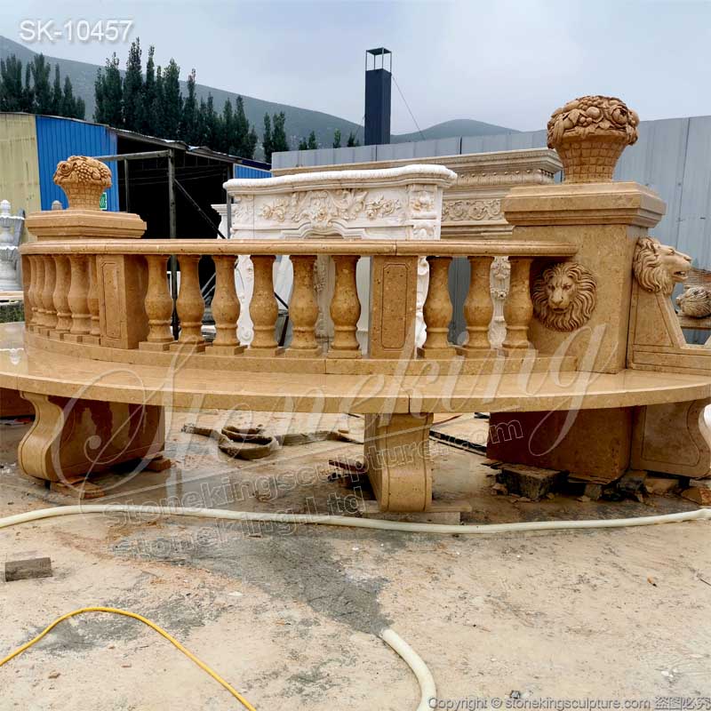 Outdoor Extra Long Natural Yellow Marble Semi Circle Bench with lion heads and balusters for sale 