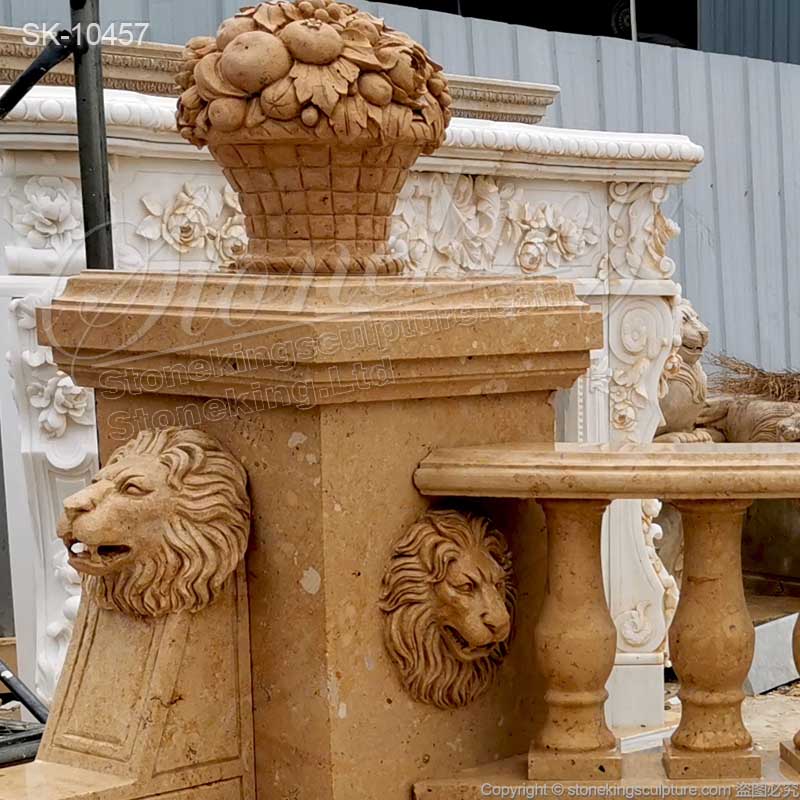 Outdoor Extra Long Natural Yellow Marble Semi Circle Bench with lion heads and balusters for sale 