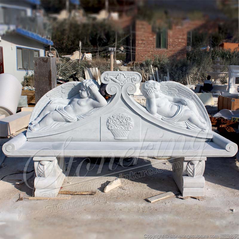 Manufacturer Natural White Marble Outdoor Park Bench Seat with Cherub Sculptures for sale 