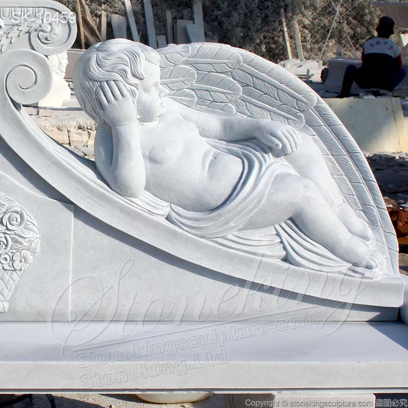 Manufacturer Natural White Marble Outdoor Park Bench Seat with Cherub Sculptures for sale 