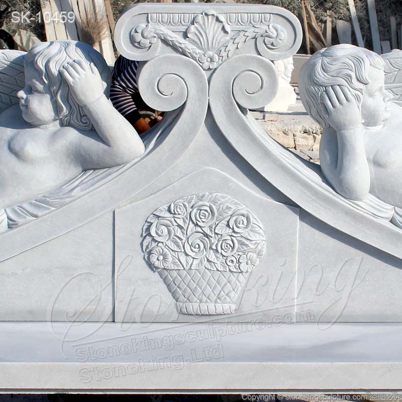 Manufacturer Natural White Marble Outdoor Park Bench Seat with Cherub Sculptures for sale 