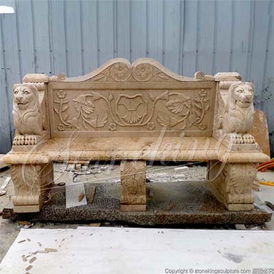  Hot Selling Natural Travertine Stone Outdoor Bench with Winged Lions for garden and home decoration 