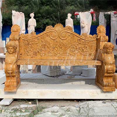 Factory Price Hand Carved Natural Yellow Marble Outdoor Bench with Sphinx for park or courtyard for sale