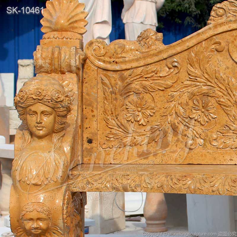 Factory Price Hand Carved Natural Yellow Marble Outdoor Bench with Sphinx for park or courtyard for sale