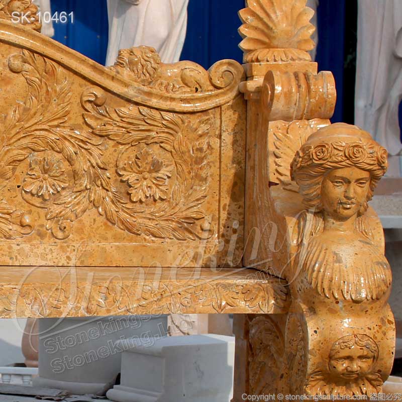 Factory Price Hand Carved Natural Yellow Marble Outdoor Bench with Sphinx for park or courtyard for sale