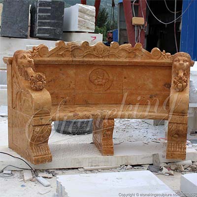 Home Decoration Hand Carved Yellow Marble Outdoor Backyard Bench with lion heads for sale