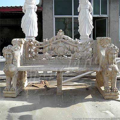 Vintage Natural Marble Outdoor Yard Bench with Sphinx for for front yard or backyard decor for sale 