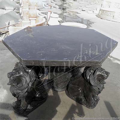 Hand Carved Outdoor Natural Black Marble Table with lions for garden or home decor for sale 